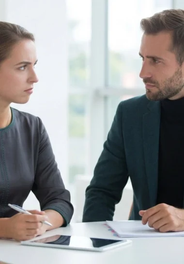 Two business partners seated at a round table, neither one smiling
