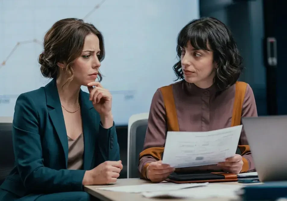 Two business partners looking at a document together, one visibly concerned