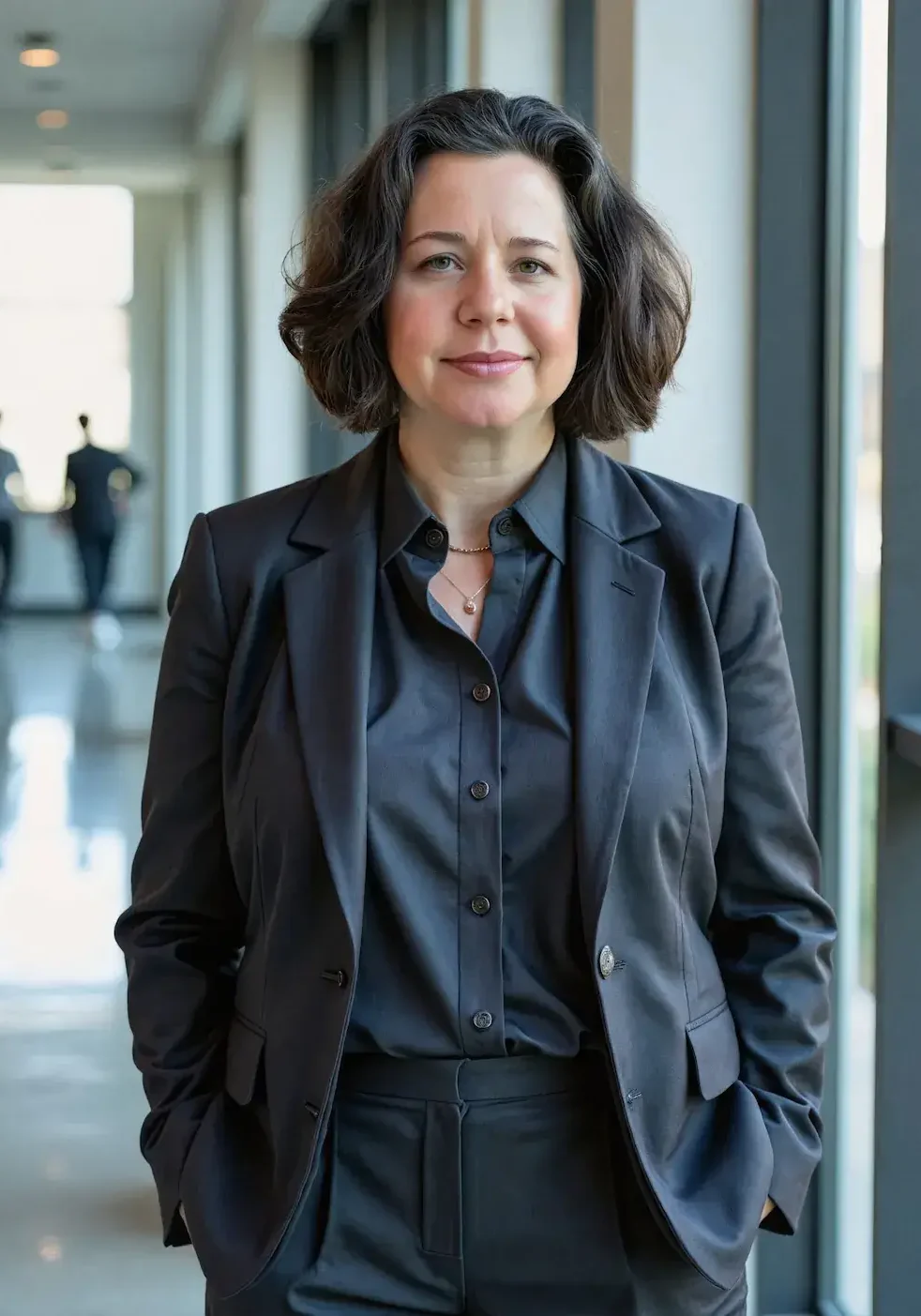 C2C Blog P1 Opt 3 Sunny Sabbini, partnership advisor, charcoal blazer, composed expression, bright corridor